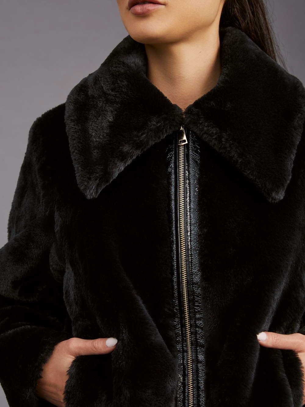 Maeve Black Plush Faux-Fur Zip Jacket